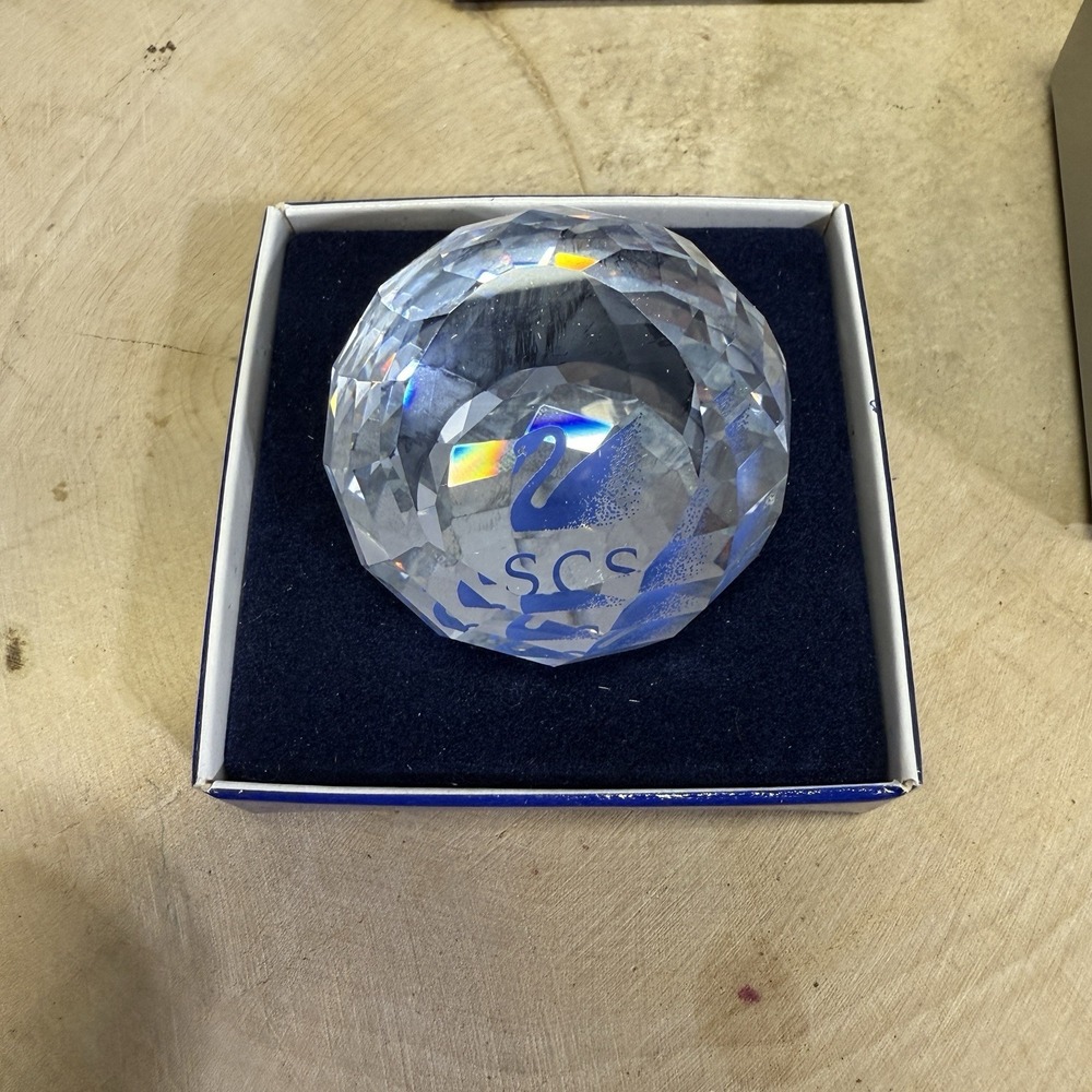 Swarovski SCS Crystal Paperweight Blue Swan Logo Faceted 2" w/ Original Box